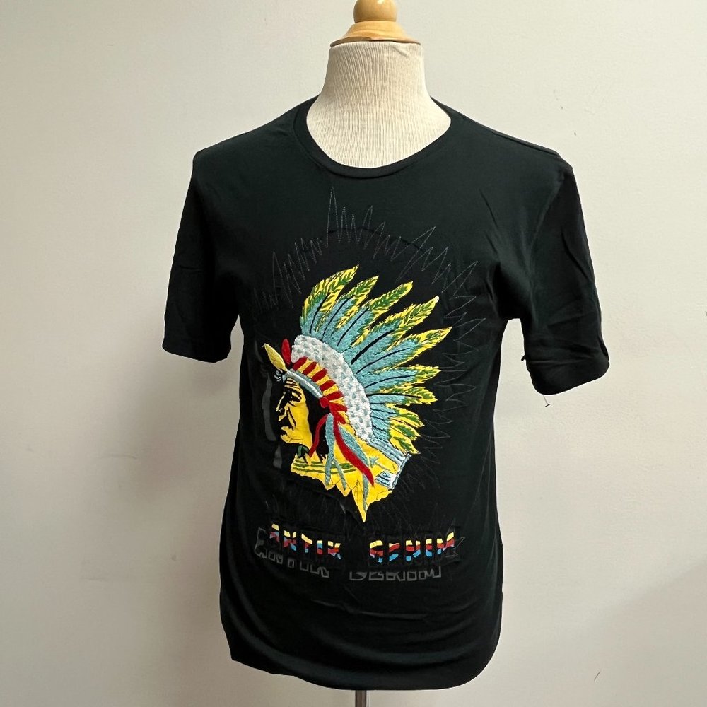 Antik Denim vintage black embroidered indian head dress short sleeve t shirt L